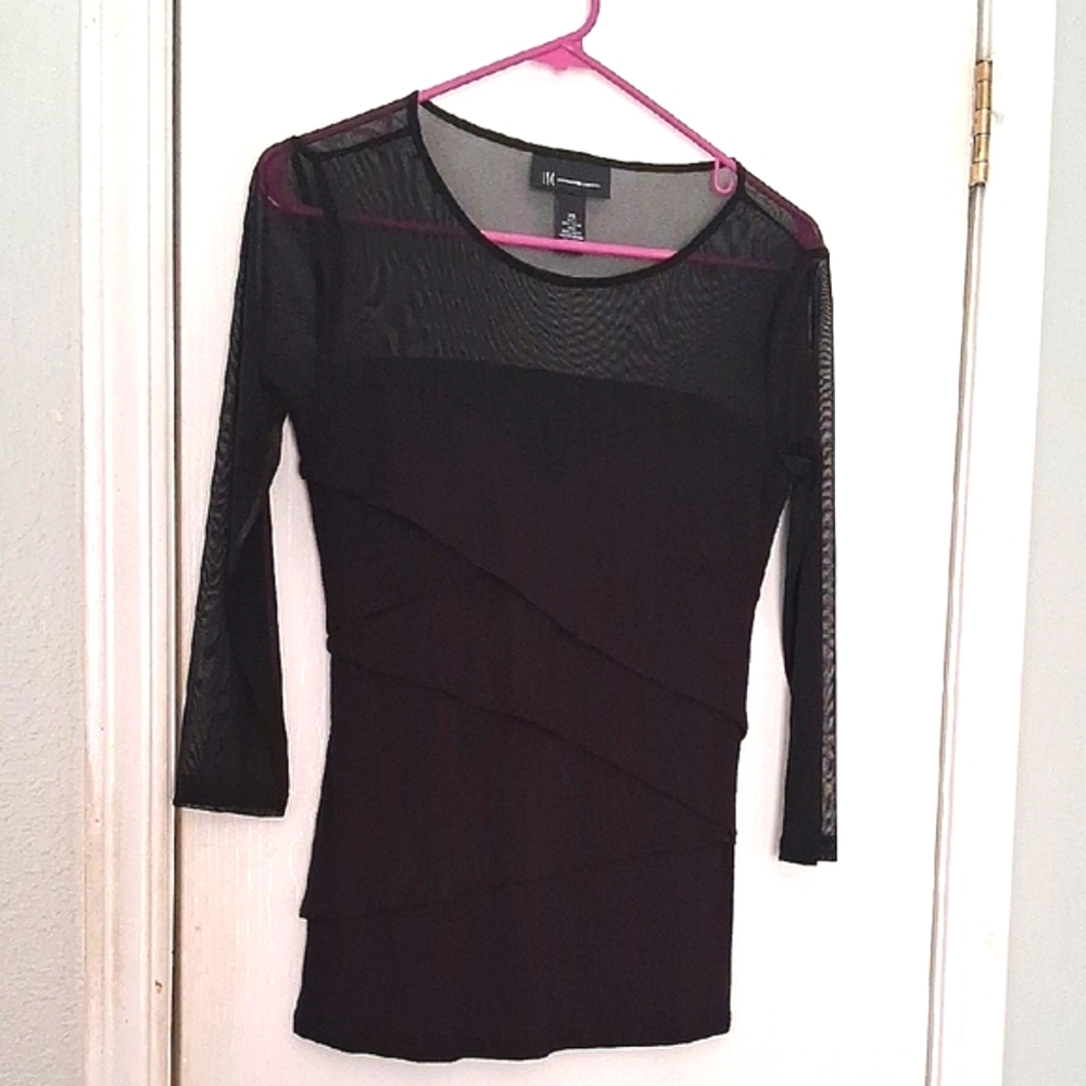INC Black Mesh Faux-Layered Top 3/4 Sleeves Stretchy Whimsygoth Sz XS
